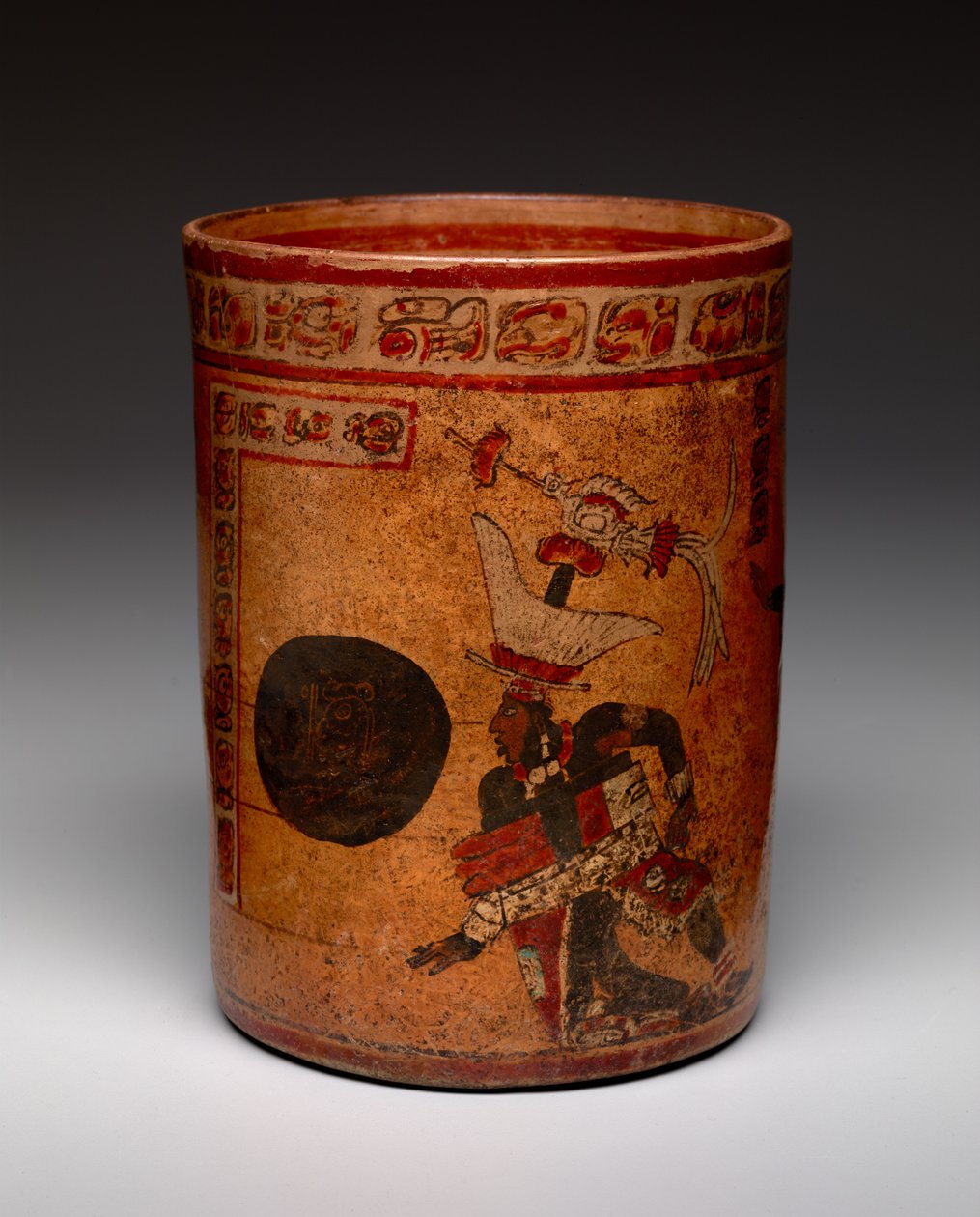 Cylindrisk kar med boldspilscene, sen klassisk periode, ca. 682-701 (keramik) af Mayan Mayan