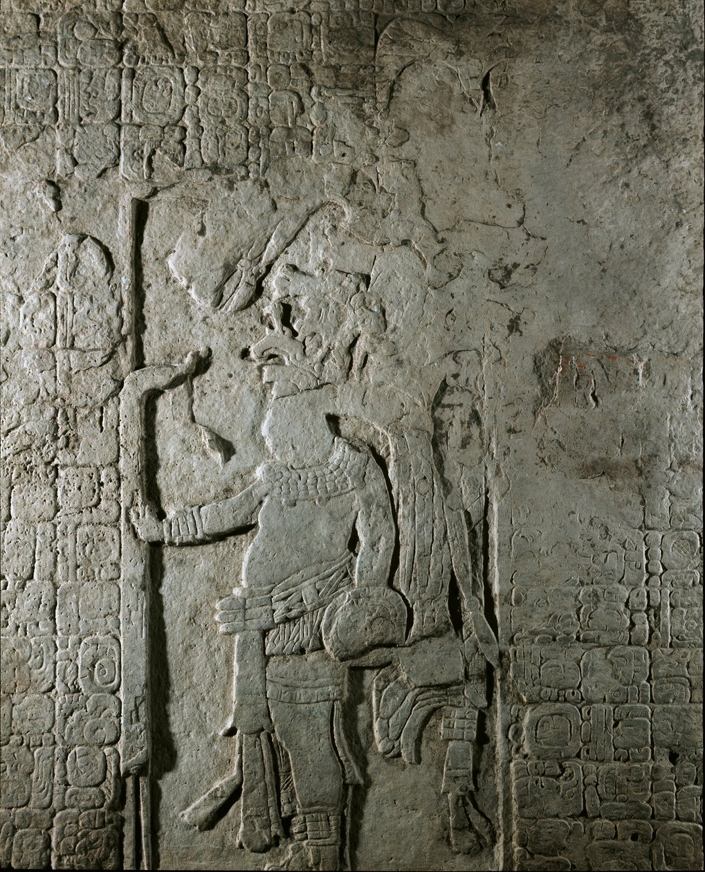Mayakunst: panel n. 1 fra Maya-stedet El Cayo (mellem 600 og 800), der repræsenterer en karakter omgivet af inskription i hieroglyffer med henvisning til astronomiske beregninger. Privat samling af Mayan Mayan