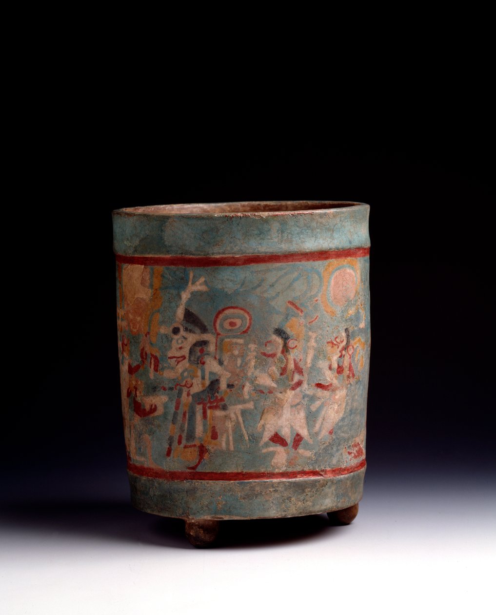 Præcolombiansk kunst, Maya-civilisation, klassisk periode: cylindrisk vase i polykrom ler dekorerer en ceremoniel scene med karakterer i procession. Fra La Lagunita, Quiche, Guatemala. Sol. h. 24,1 x diam. 18,5 cm Guatemala, Museo Nazionale di Archeolo af Mayan Mayan