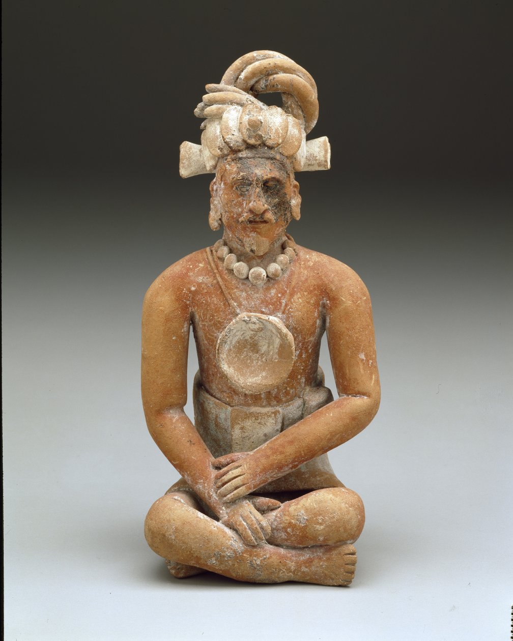 Siddende skægget mand, sen klassisk periode, ca. 600-900 (keramik og maling) af Mayan Mayan