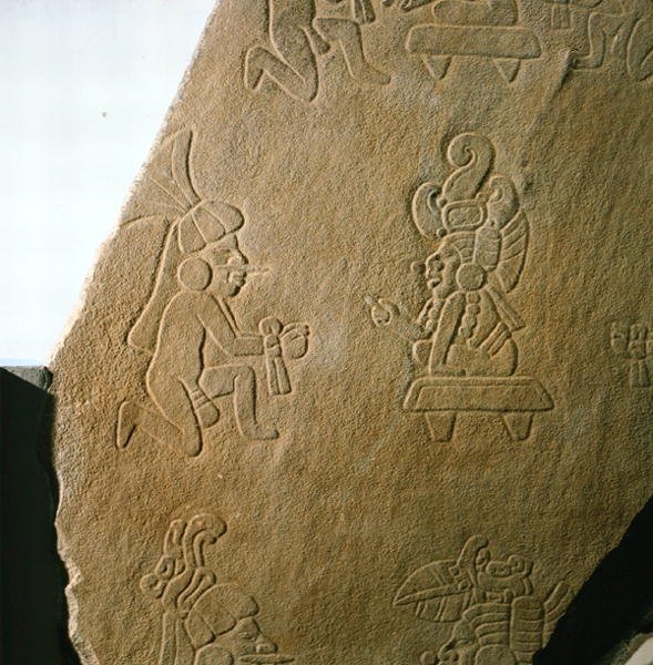 Plade indgraveret med menneskelige figurer, fra Kaminaljuyu, Guatemala, tidlig klassisk periode (250-600) (sten) af Mayan Mayan