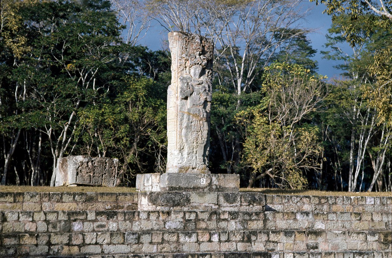 Stelen 2 med udsigt over boldbanen, 652 e.Kr af Mayan Mayan
