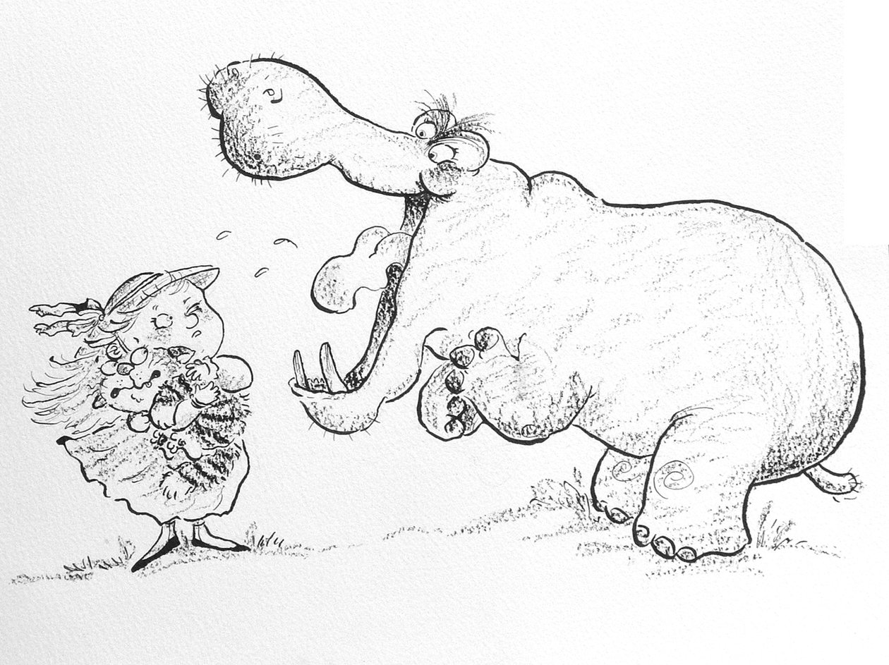 Jeg er ikke bange for dig, hr. Hippo (blæk og farveblyant på papir) af Maylee Christie