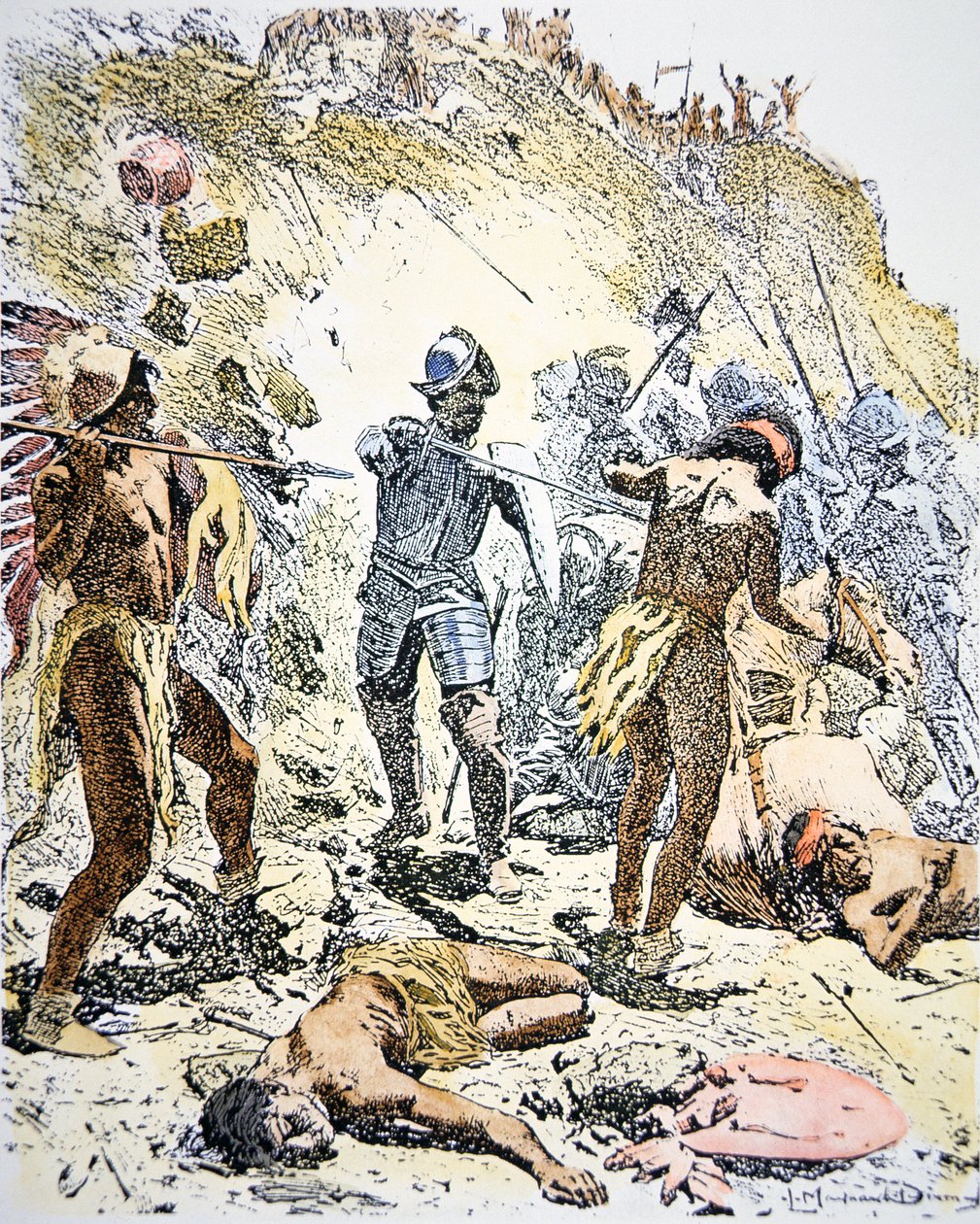 Pueblo-indianernes oprør i 1680 (koloreret stik) af Maynard Dixon