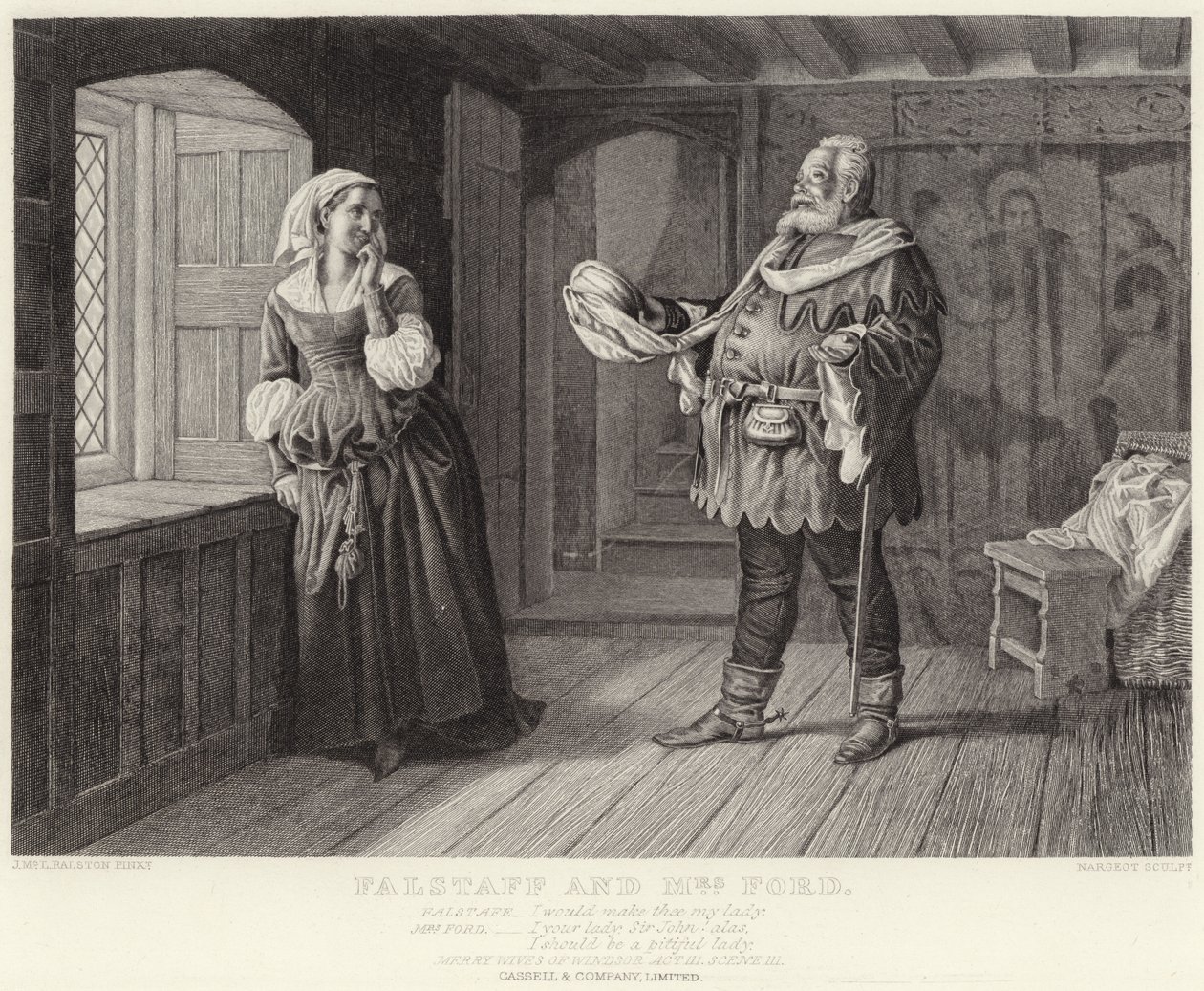 Falstaff og fru Ford, De lystige koner i Windsor, 3. akt, 3. scene (kobberstik) af McLaren John Ralston