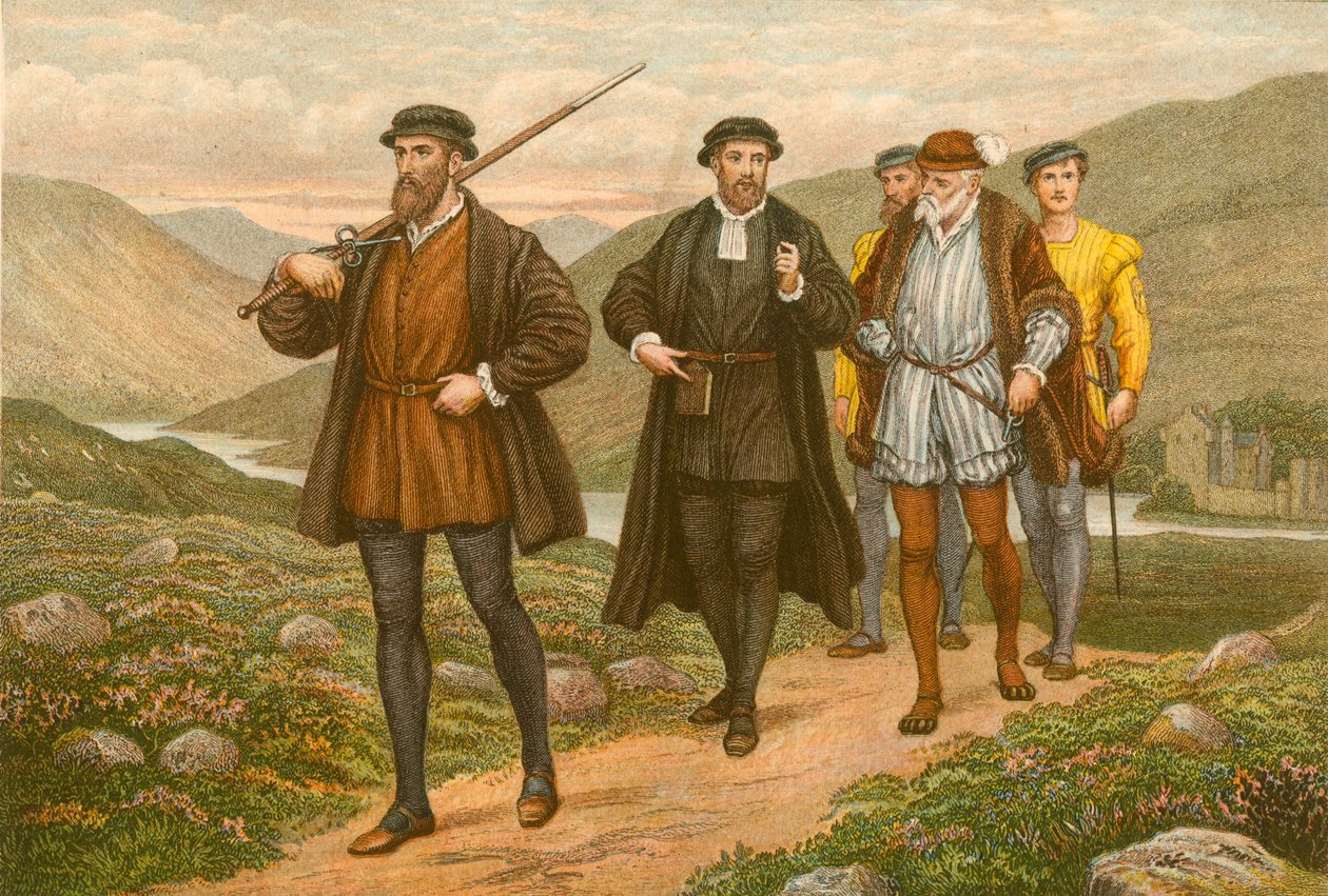 John Knox bærer sværdet foran George Wishart efter mordforsøget i Dundee (koloreret kobberstik) af McLaren John Ralston