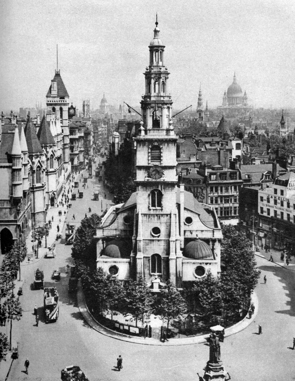 Church of St Clement Danes, Strand og Fleet Street fra Australia House, London, 1926-1927. af McLeish