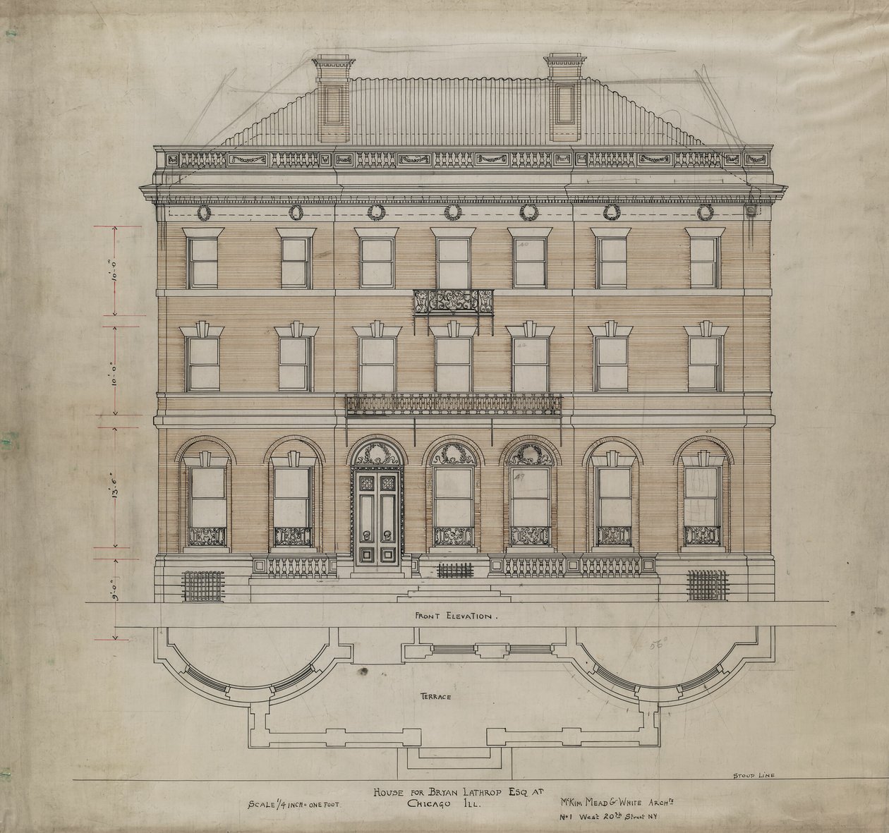 Bryan Lathrop House, Chicago, Illinois, facade og terrasseplan af Mead and White McKim