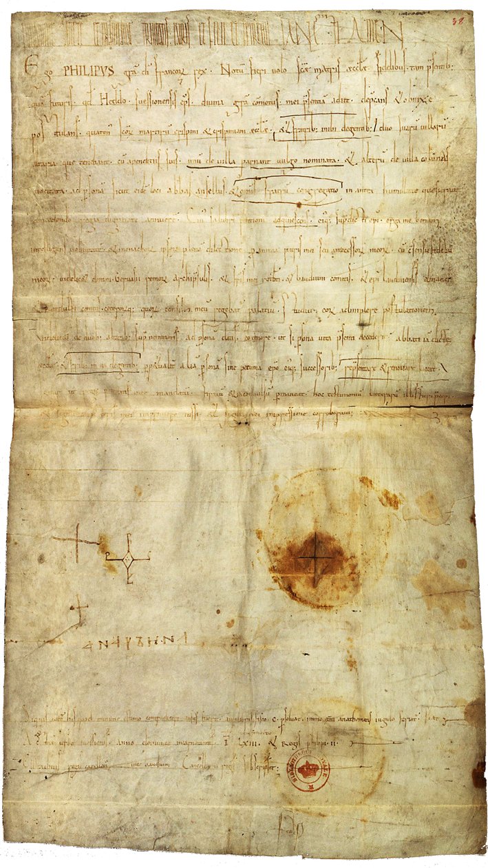 Diplom af Philip I til fordel for klosteret St. Crépin i Soissons, med underskrift af Anne af Kiev, dronning af Frankrig, 1063 af Medieval Document