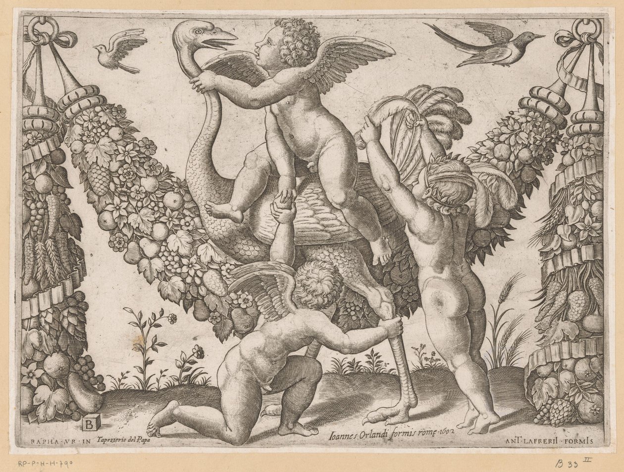 Tre putti og en struds Pavens gobeliner (serietitel) Tapezzerie de Papa (serietitel på objekt) af Meester van de Dobbelsteen