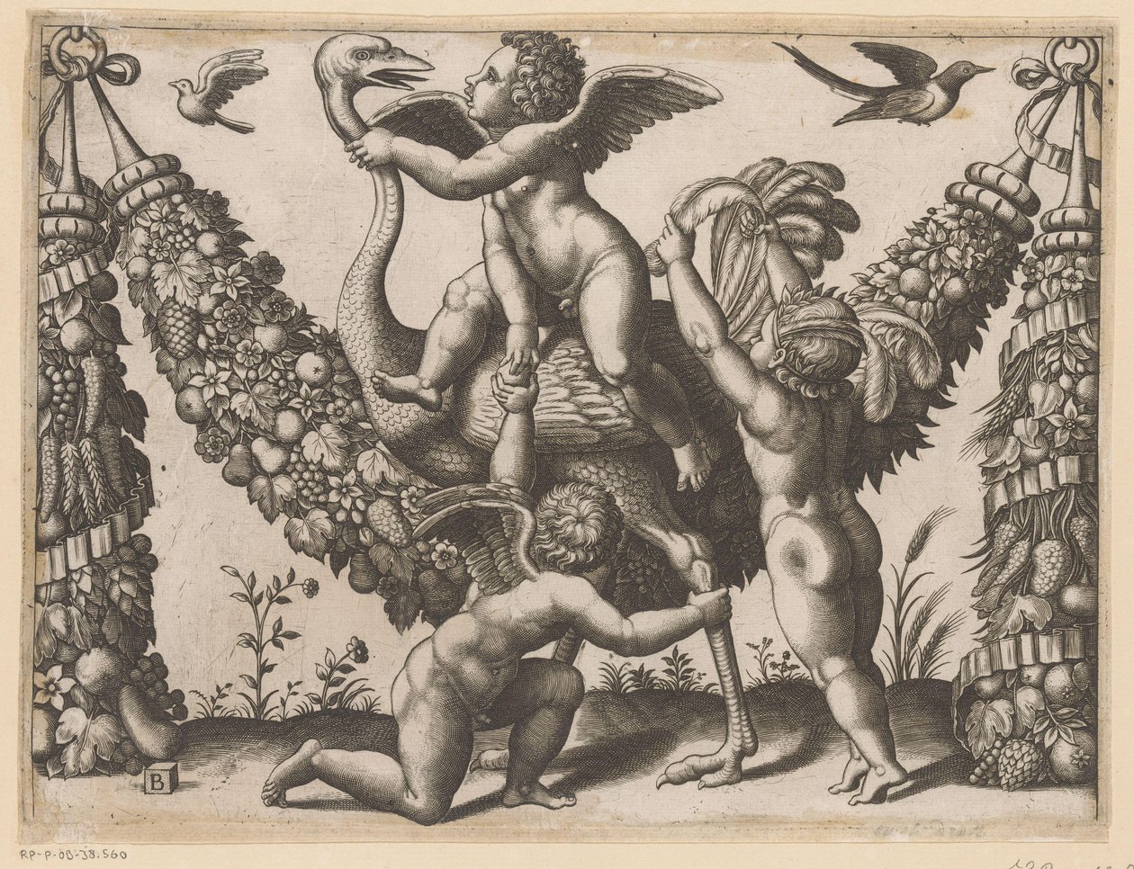 Tre putti og en struds Pavens gobeliner (serietitel) Tapezzerie de Papa (serietitel) af Meester van de Dobbelsteen