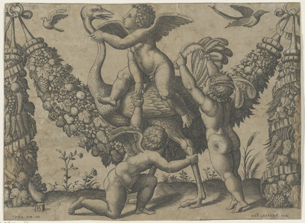 Tre putti med en struds Pavens gobeliner af Raphael (serietitel) af Meester van de Dobbelsteen