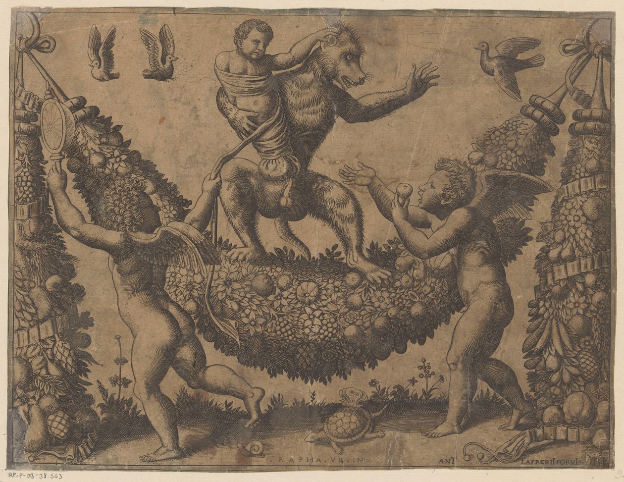 Putti håner en abe Pavens gobeliner (serietitel) Tapezzerie de Papa (serietitel) af Meester van de Dobbelsteen