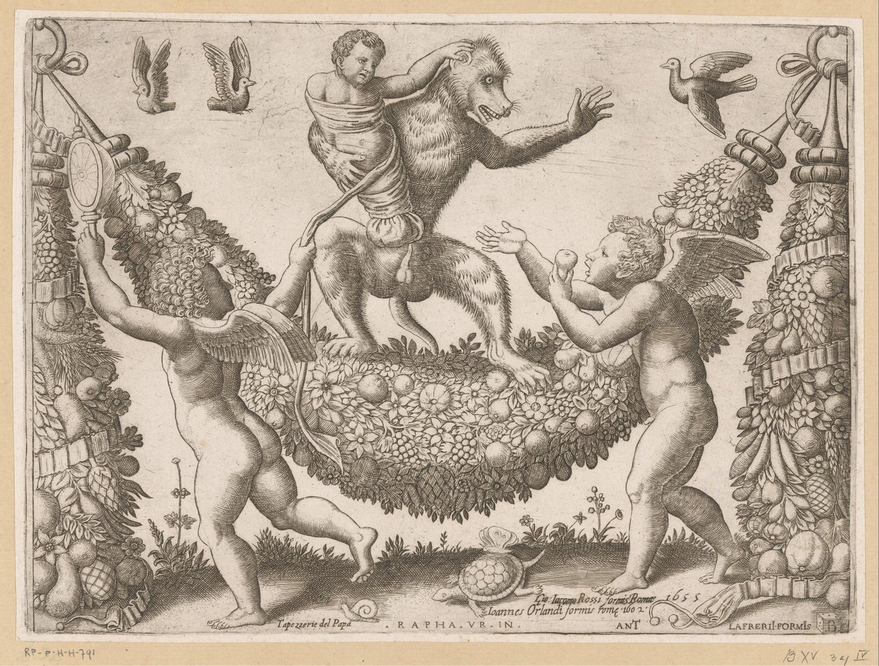 Putti håner en abe Pavens gobeliner (serietitel) Tapezzerie de Papa (serietitel på objekt) af Meester van de Dobbelsteen