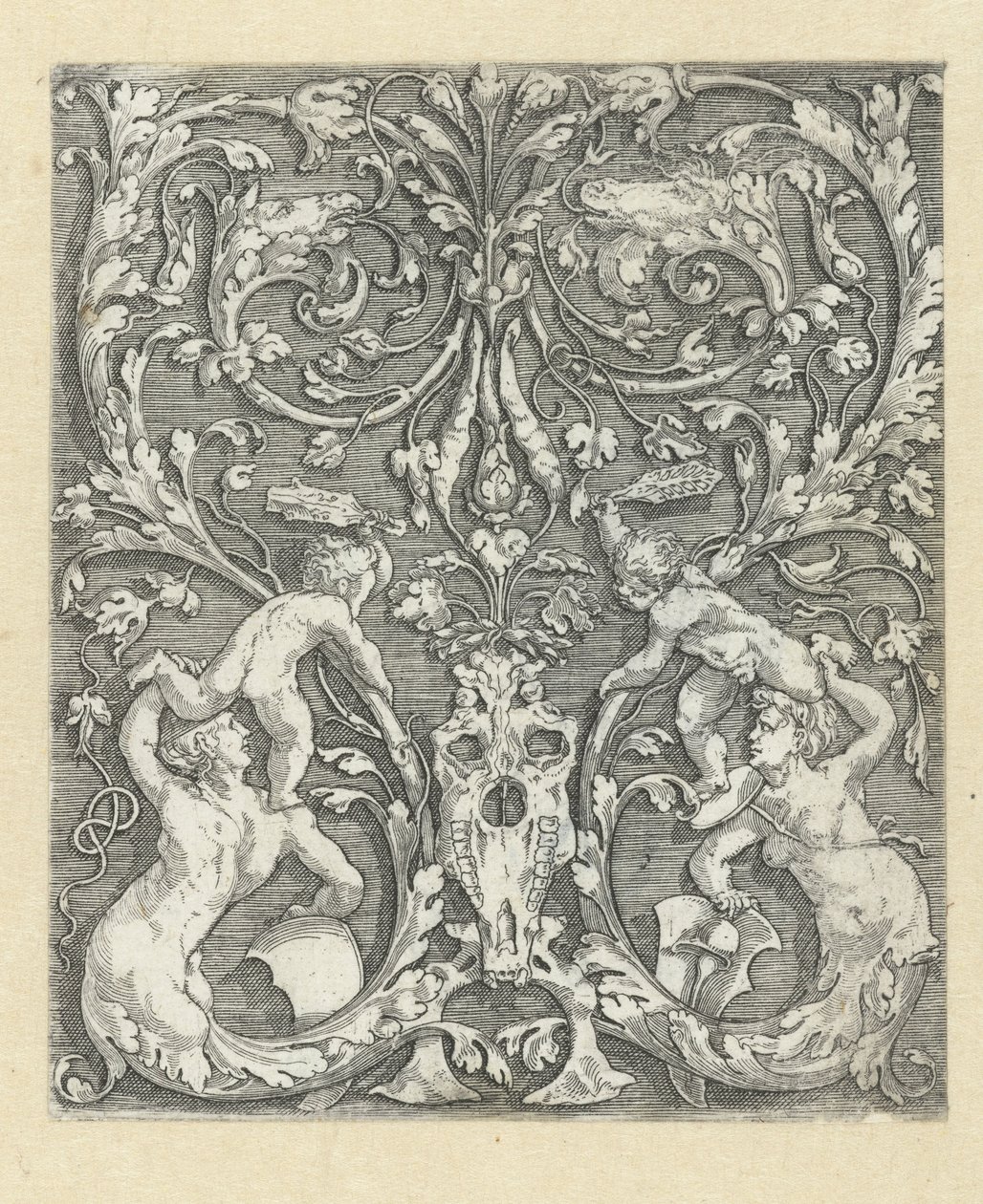 Ornament med to børn og et hestekranie af Meester van de Paardenhoofden