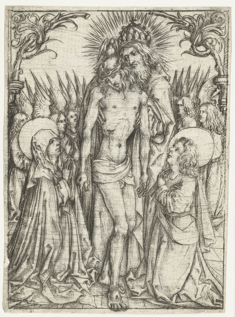 Tilbedelse af den hellige treenighed af Maria, evangelisten Johannes og engle af Meester van het Amsterdamse Kabinet