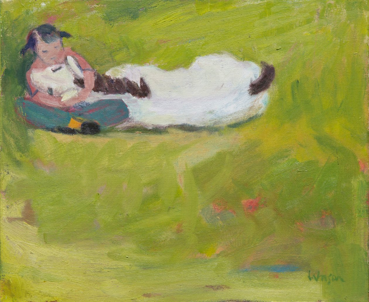 Et lille barn ved siden af en død pony, 2016 (olie på lærred) af Megan Williamson