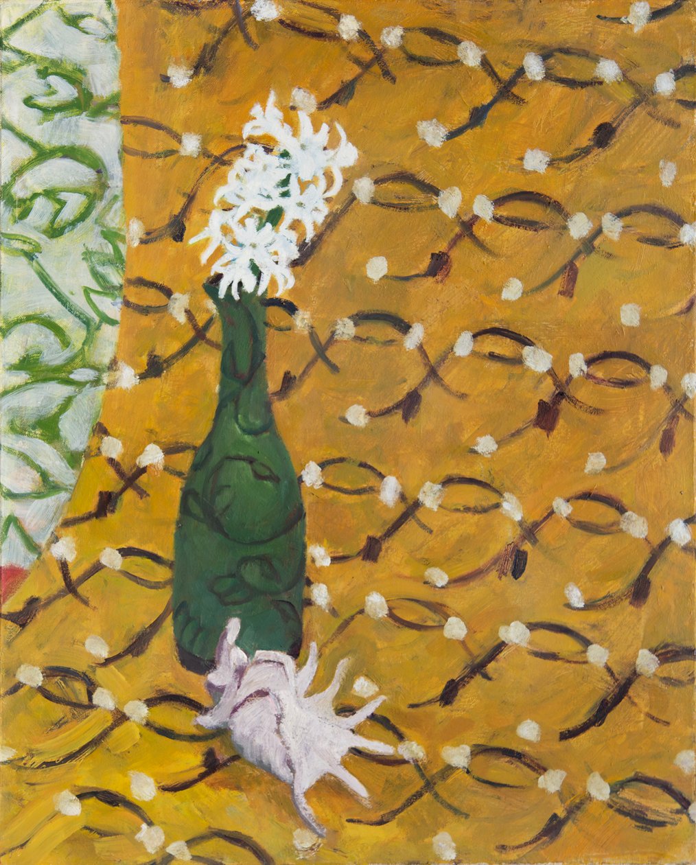 Muslingeskal med blomster og tre mønstre, 2019 (olie på lærred) af Megan Williamson