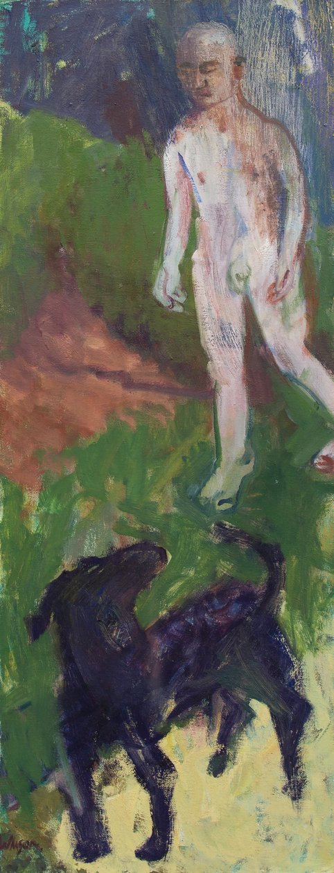 Hvid mand, der gik tur med en sort hund, 2016 (olie på lærred) af Megan Williamson