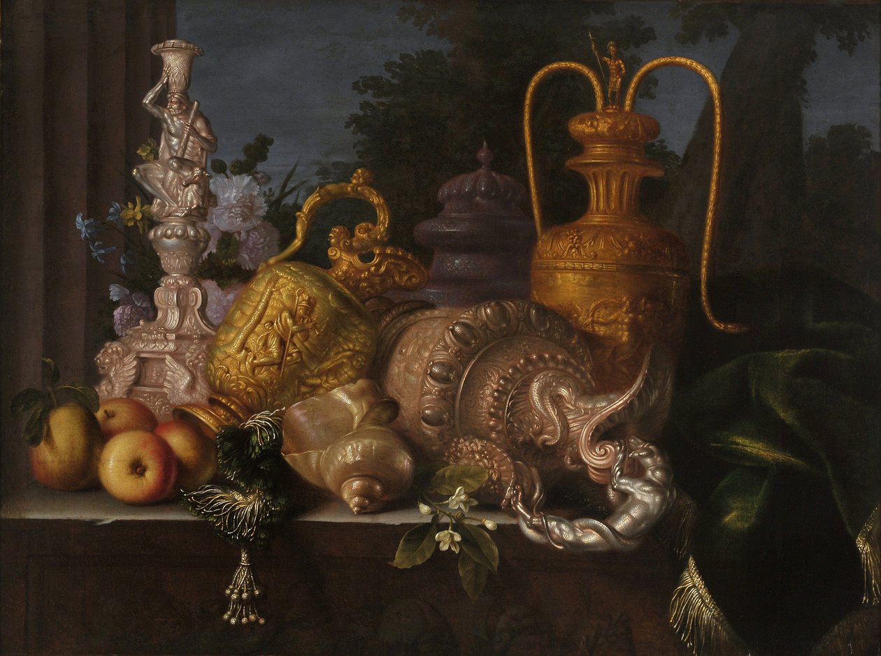 Stilleben, skaller og guldsmed. Maleri af Meiffren Conte (1630-1705). Olie på lærred. Mål: 91x121 cm. Obligatorisk omtale: Collection fondation regards de Provence, Marseille af Meiffren (c.1630 1705) Conte