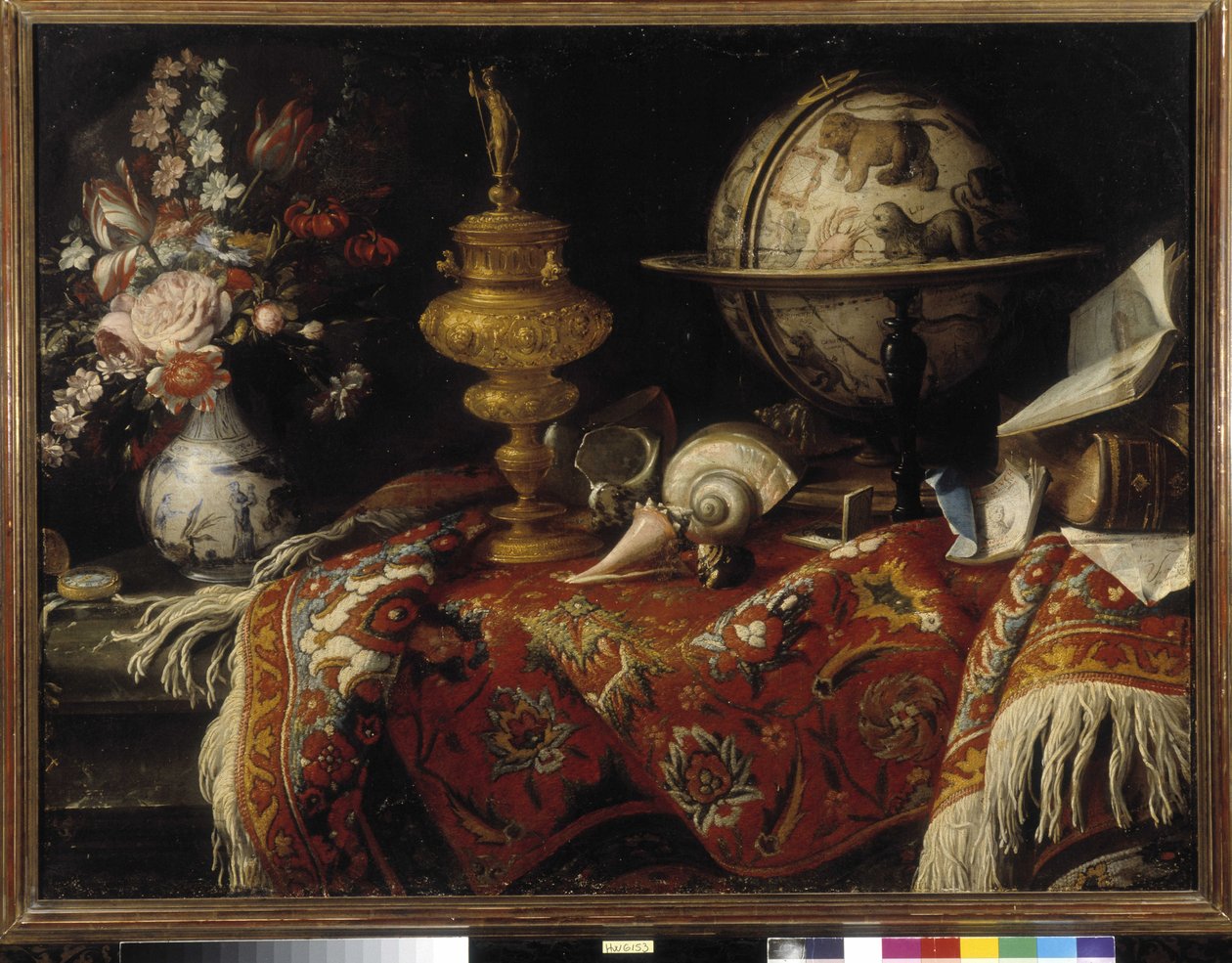 Vase med blomster, astral globus, bøger og guldværk på et tæppe. Maleri af Meiffren Conte (eller greve) (1630-1705) Obligatorisk omtale: Collection fondation regards de Provence, Marseille (cm 92x121) af Meiffren (c.1630 1705) Conte