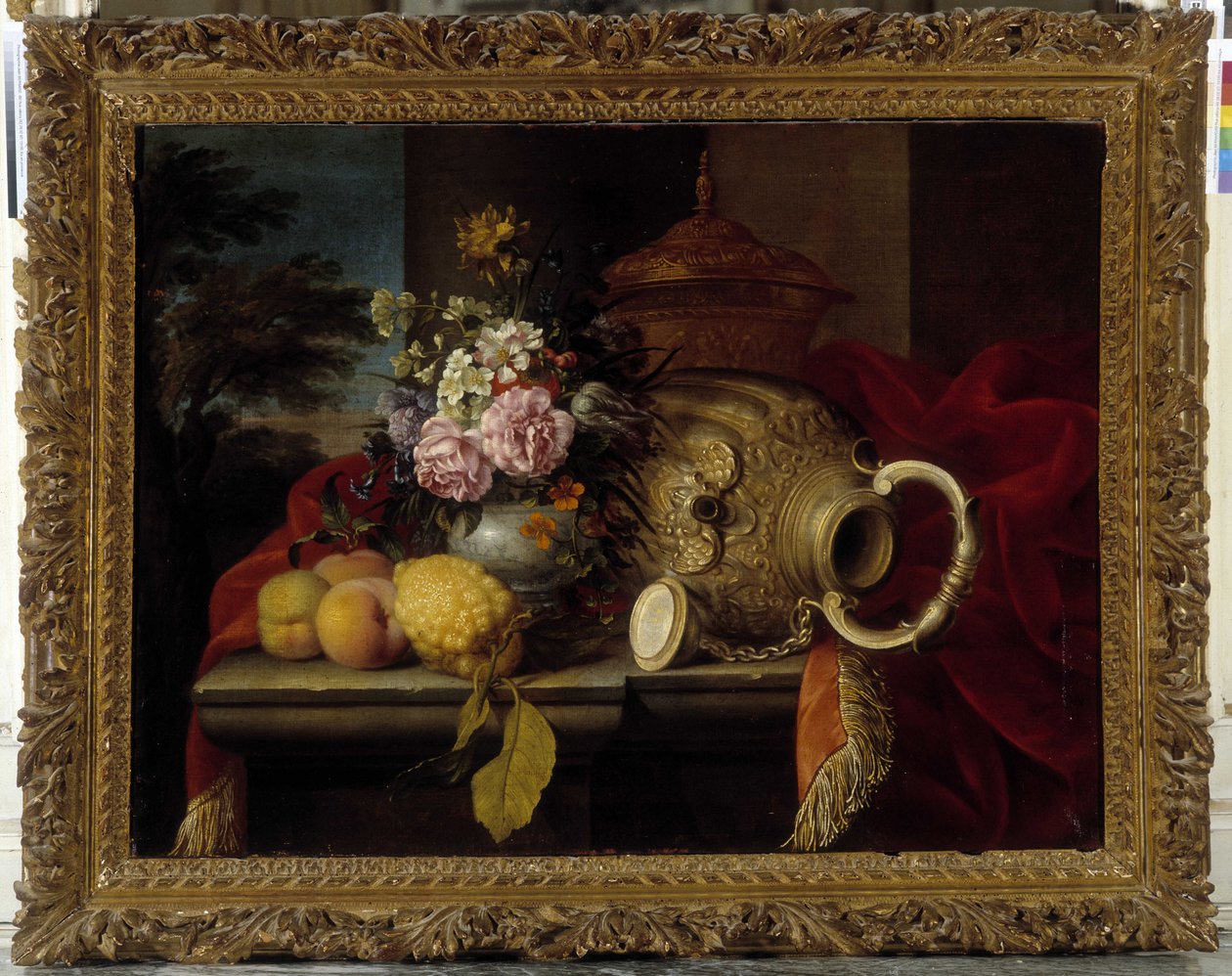 Stilleben med buket, frugt, vase og rødt stof (olie på lærred) af Meiffren (c.1630 1705) Conte