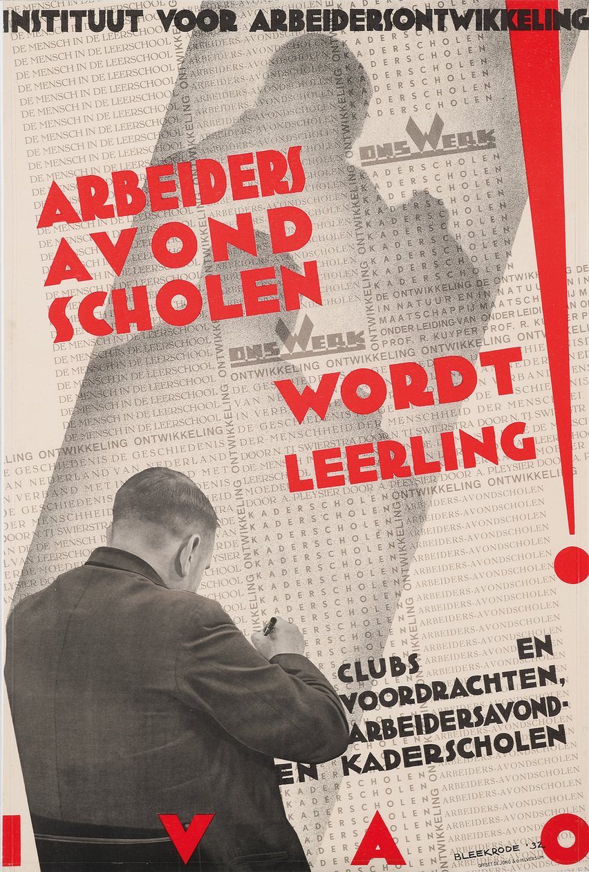 Plakat for Institute of Labor Development (IVAO), der reklamerer for en arbejderaftenskole af Meijer Bleekrode