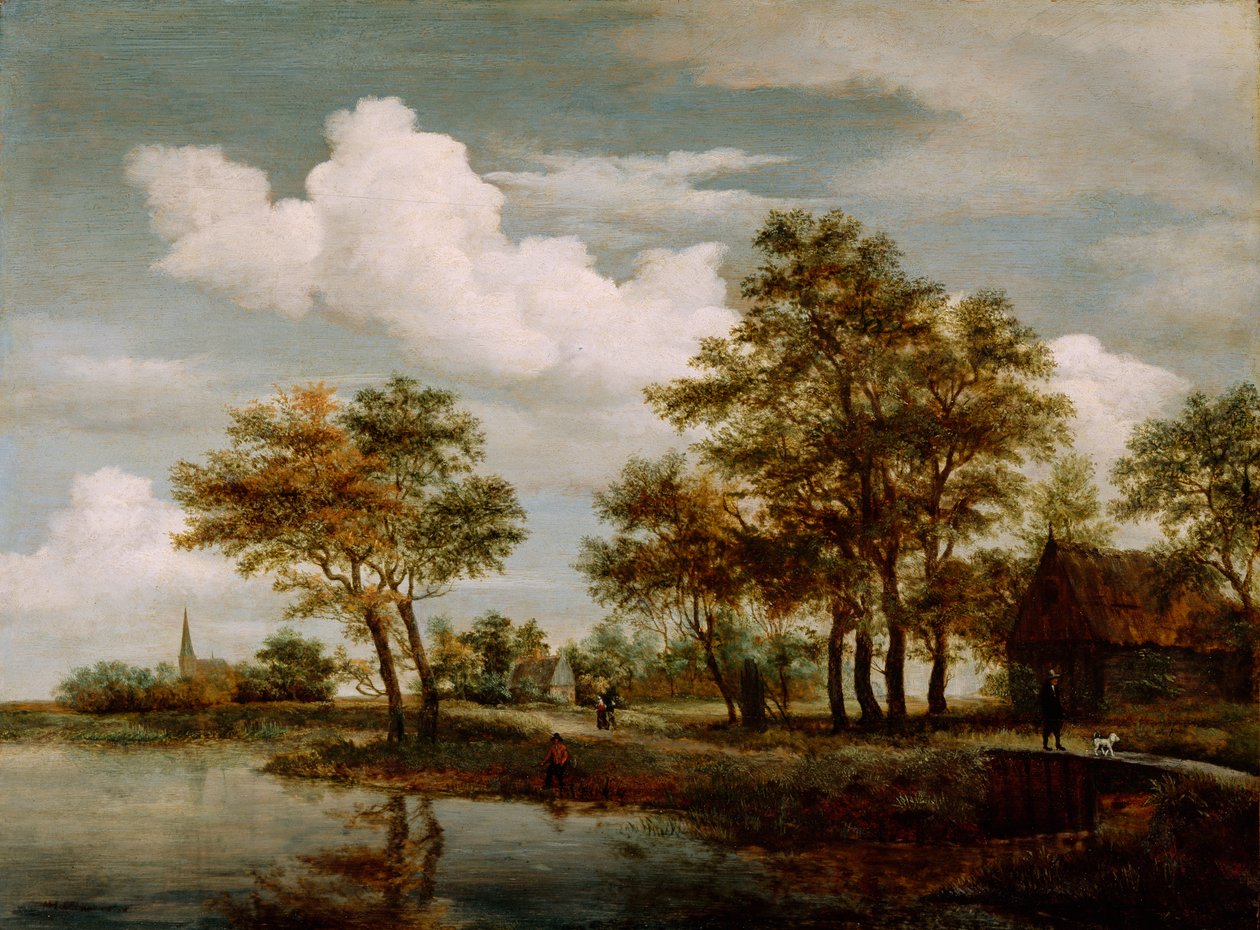 A River Scene, 1658 (olie på egetræspanel) af Meindert Hobbema