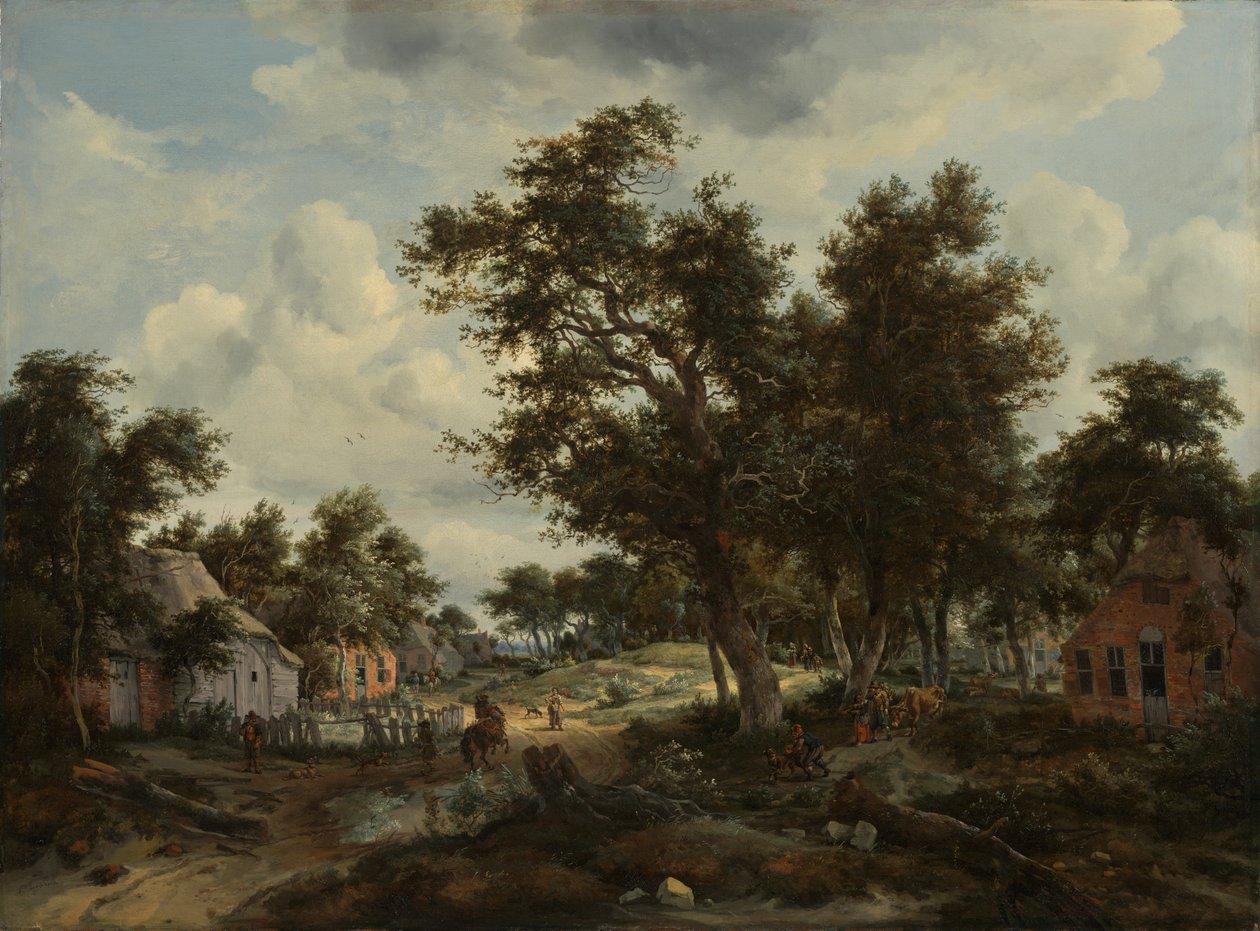 Et skovklædt landskab med rejsende på vej gennem en landsby, ca. 1665 (olie på lærred) af Meindert Hobbema