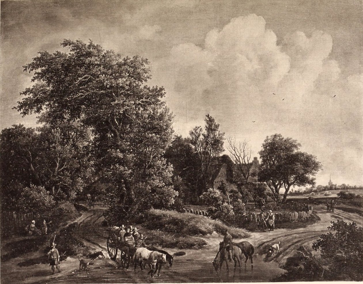 Gård i udkanten af en skov, med vogn og heste af Meindert Hobbema