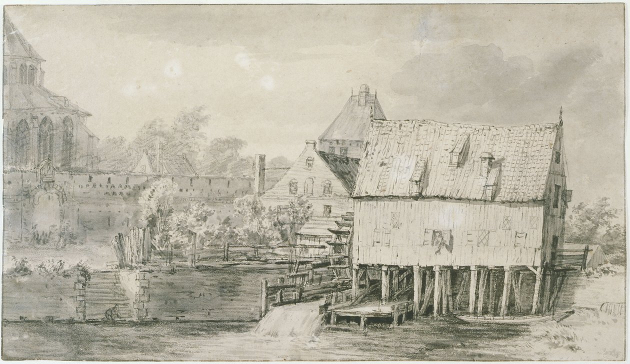 Den såkaldte Bergkerk og vandmøllen i Deventer (Lugt 43) af Meindert Hobbema