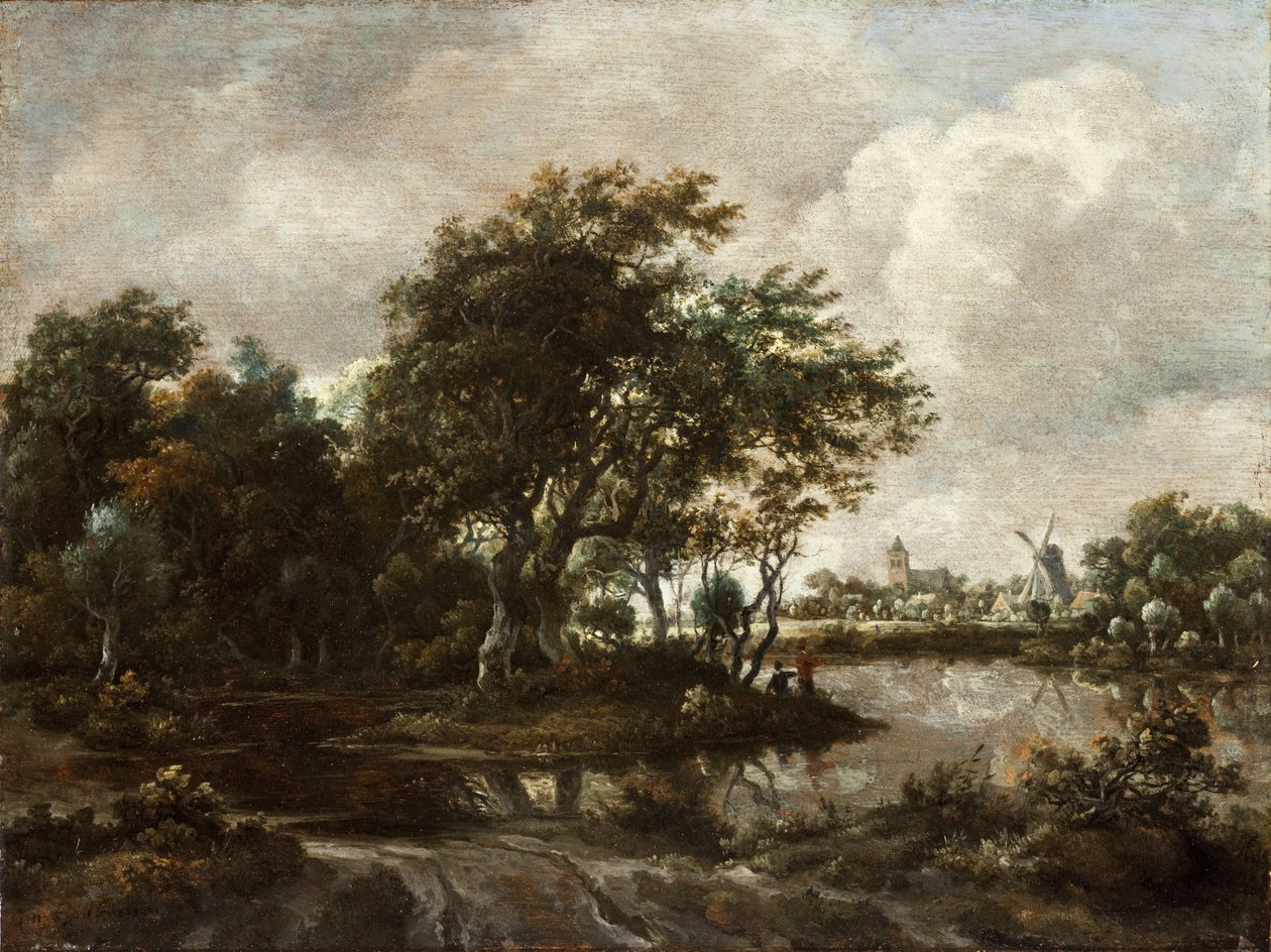 Landskab med lystfiskere og en fjern by af Meindert Hobbema