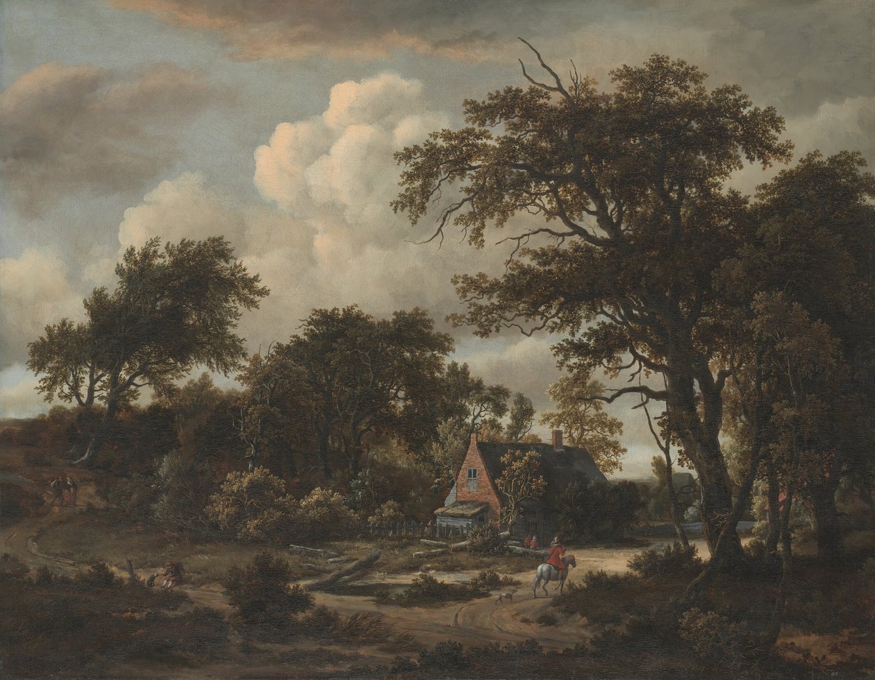 Skovklædt landskab med hytte og rytter, 1663. af Meindert Hobbema