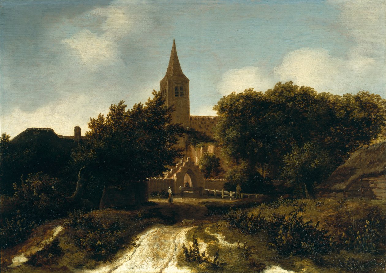 Skovklædt landskab med figurer nær en kirke, ca. 1660 af Meindert Hobbema