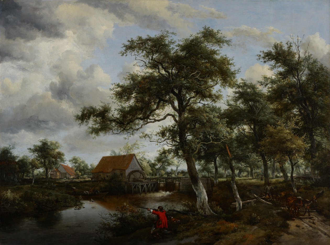 Skovklædt landskab med vandmølle, ca. 1665 af Meindert Hobbema