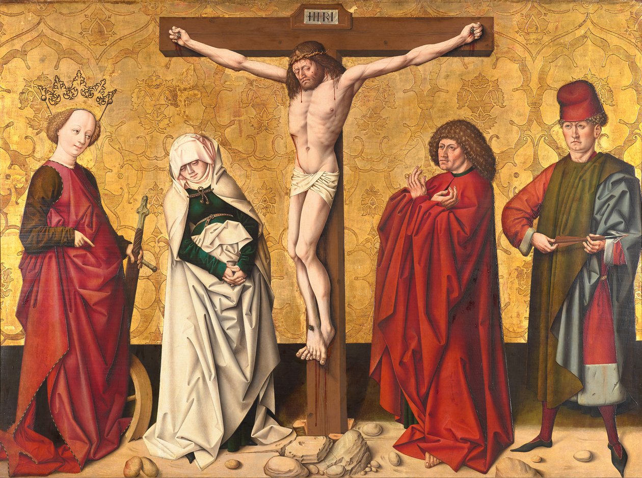 Kristus på korset mellem St. Mary og John, Catherine og Sebastian af Meister von Großgmain