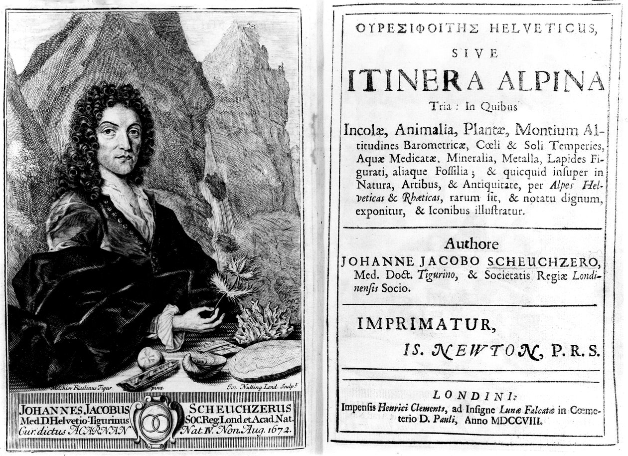 Frontispice og titelblad til "Itinera Alpina Tria" af Johann Jakob Scheuchzer, graveret af Joseph Nutting, udgivet i 1708 af Melchior Fusslinus Tigur