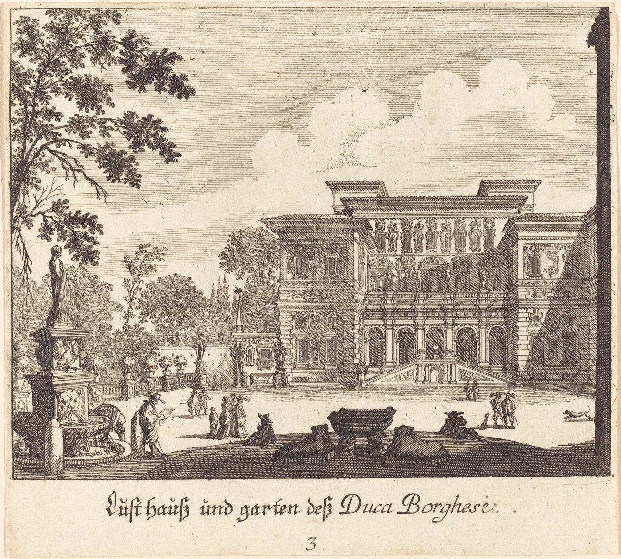 Borghese palads og haver af Melchior Küsel after Johann Wilhelm Baur