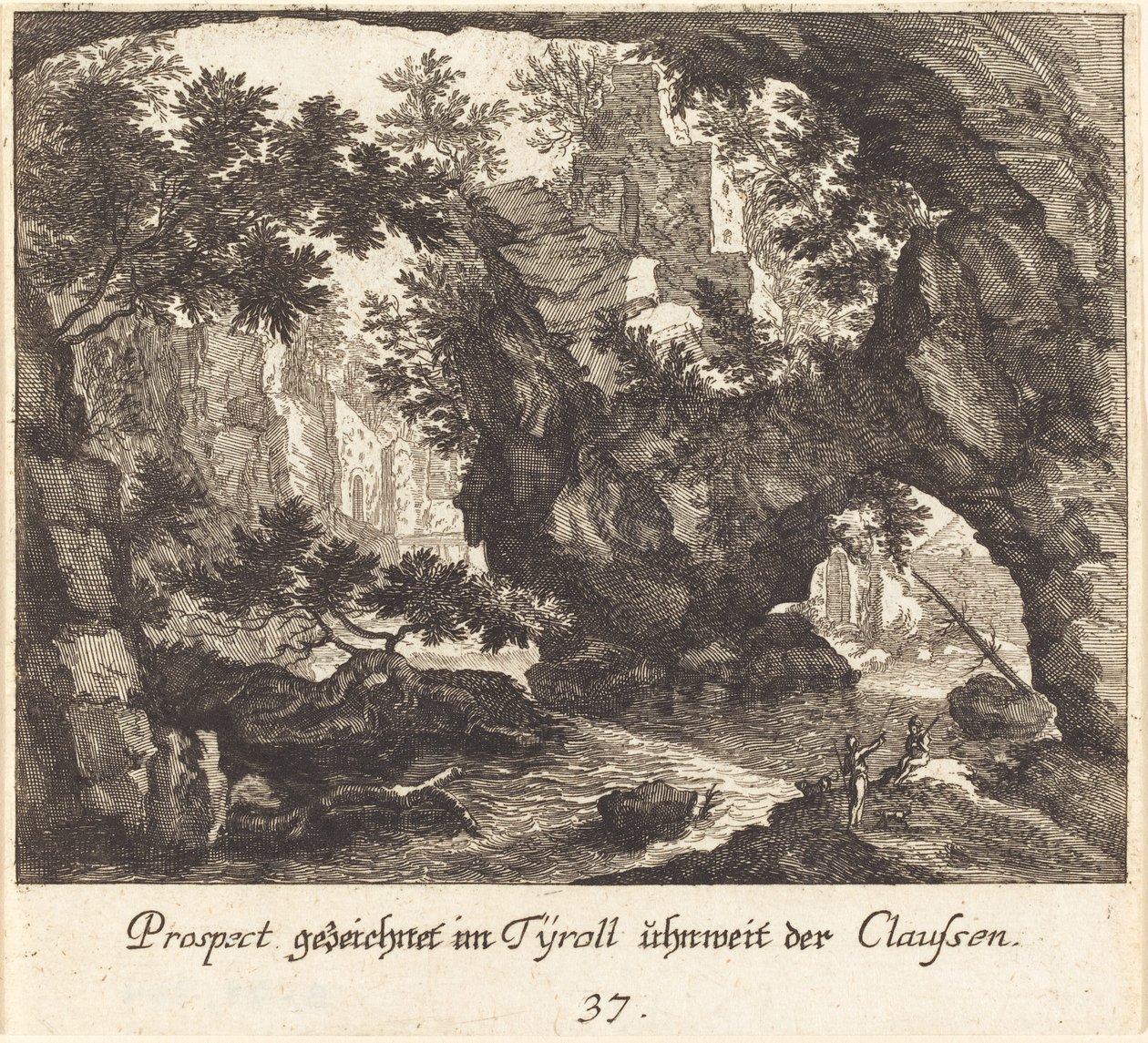 Tyrolsk landskab af Melchior Küsel after Johann Wilhelm Baur