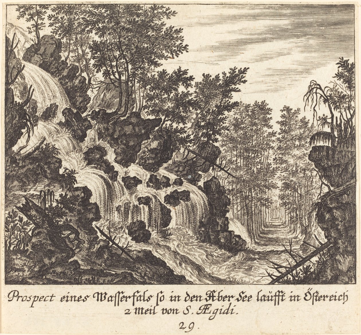 Udsigt over et vandfald, Østrig af Melchior Küsel after Johann Wilhelm Baur