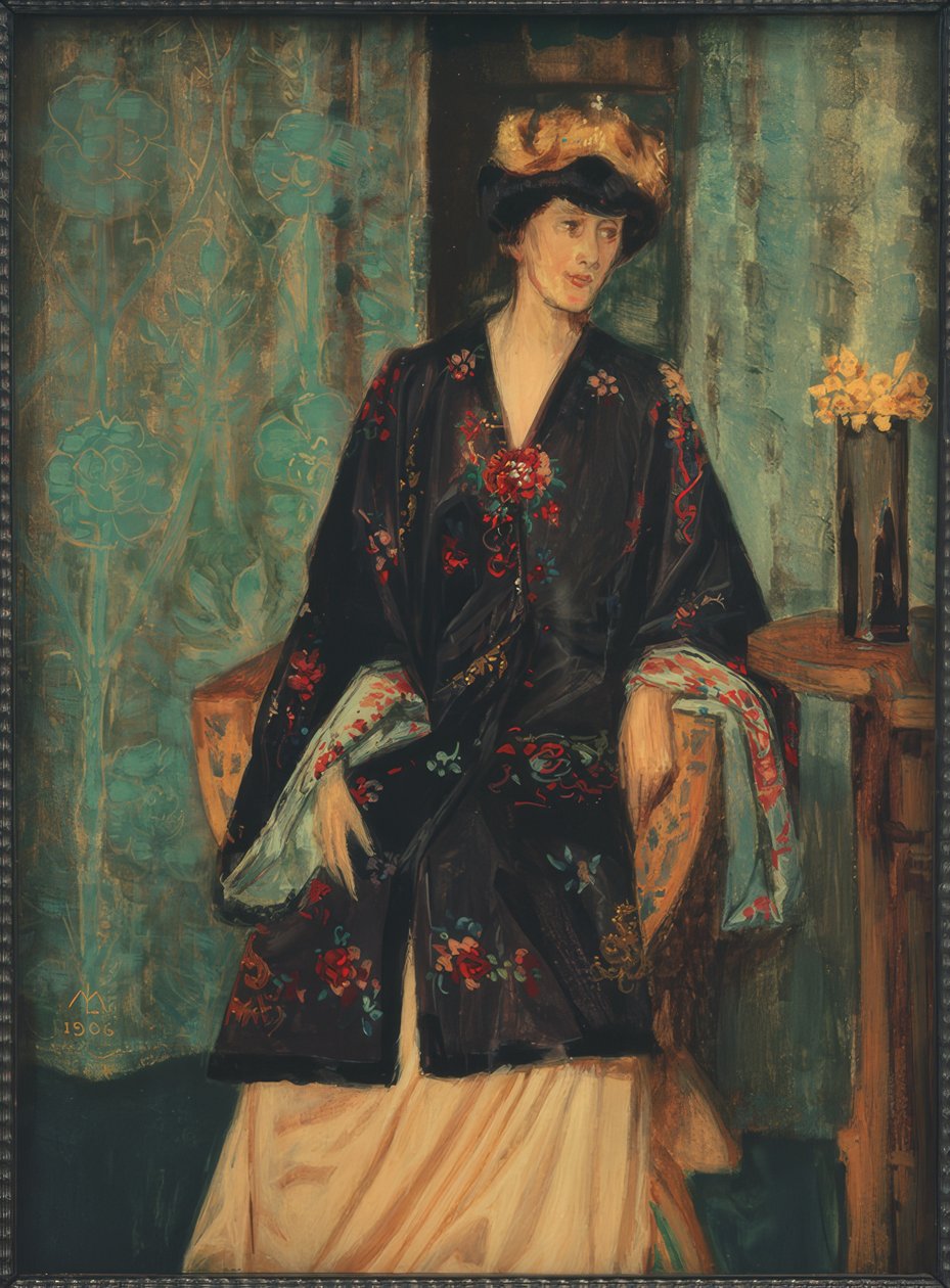 Portræt af Eleonore Reichl i japansk dragt på Lechters kunstnertrone af Melchior Lechter