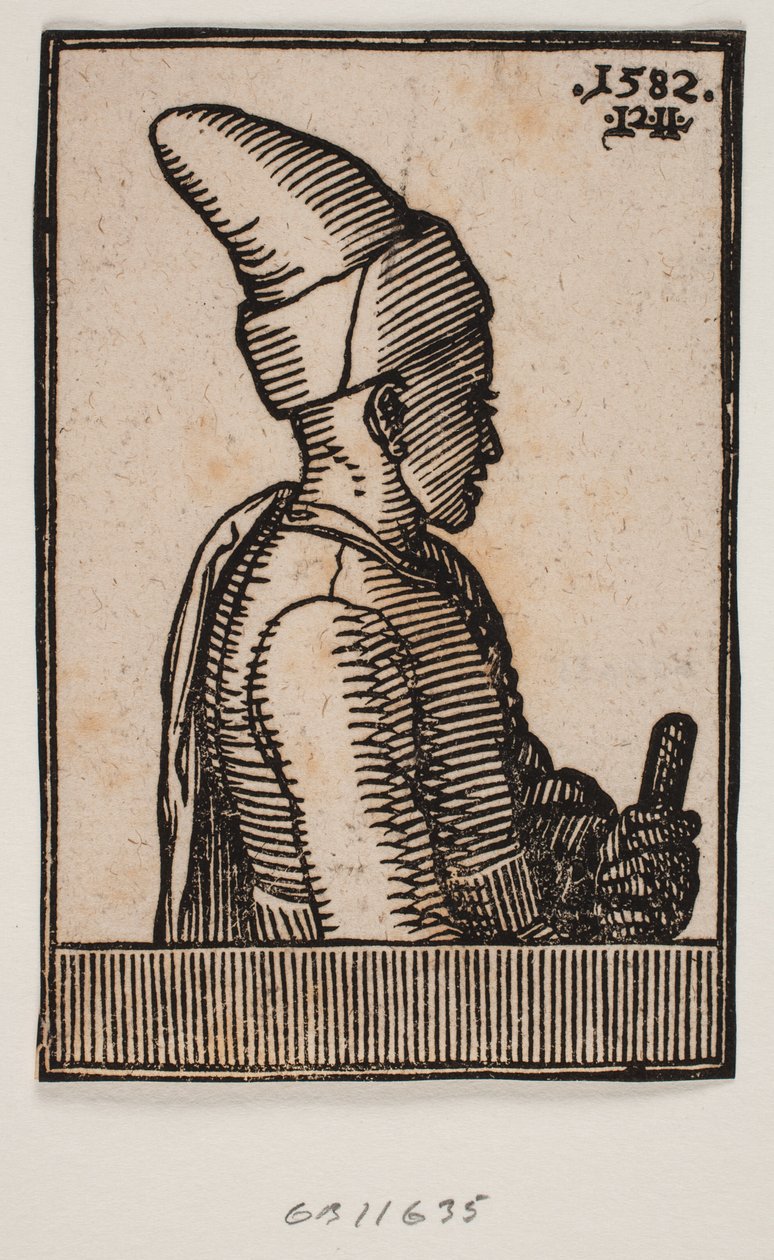 Buste af en ung mand med spids hat og stav i venstre hånd, profil mod højre af Melchior Lorck