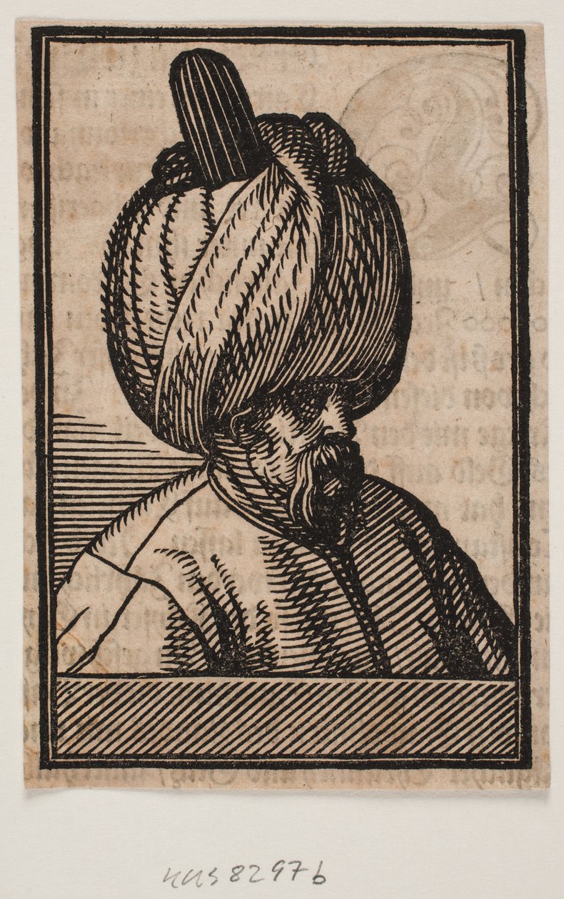 Buste af skægget mand iført turban, 3/4 profil mod højre af Melchior Lorck