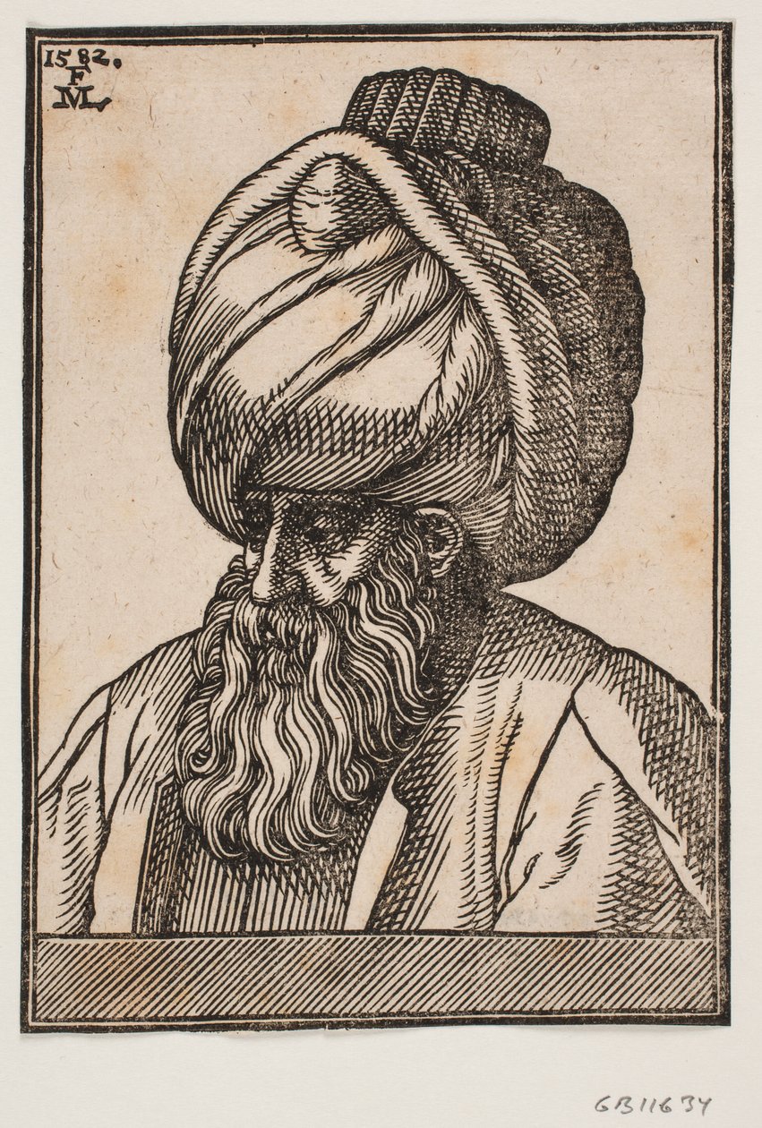 Buste af fuldskægget mand iført turban, 3/4 profil mod venstre af Melchior Lorck