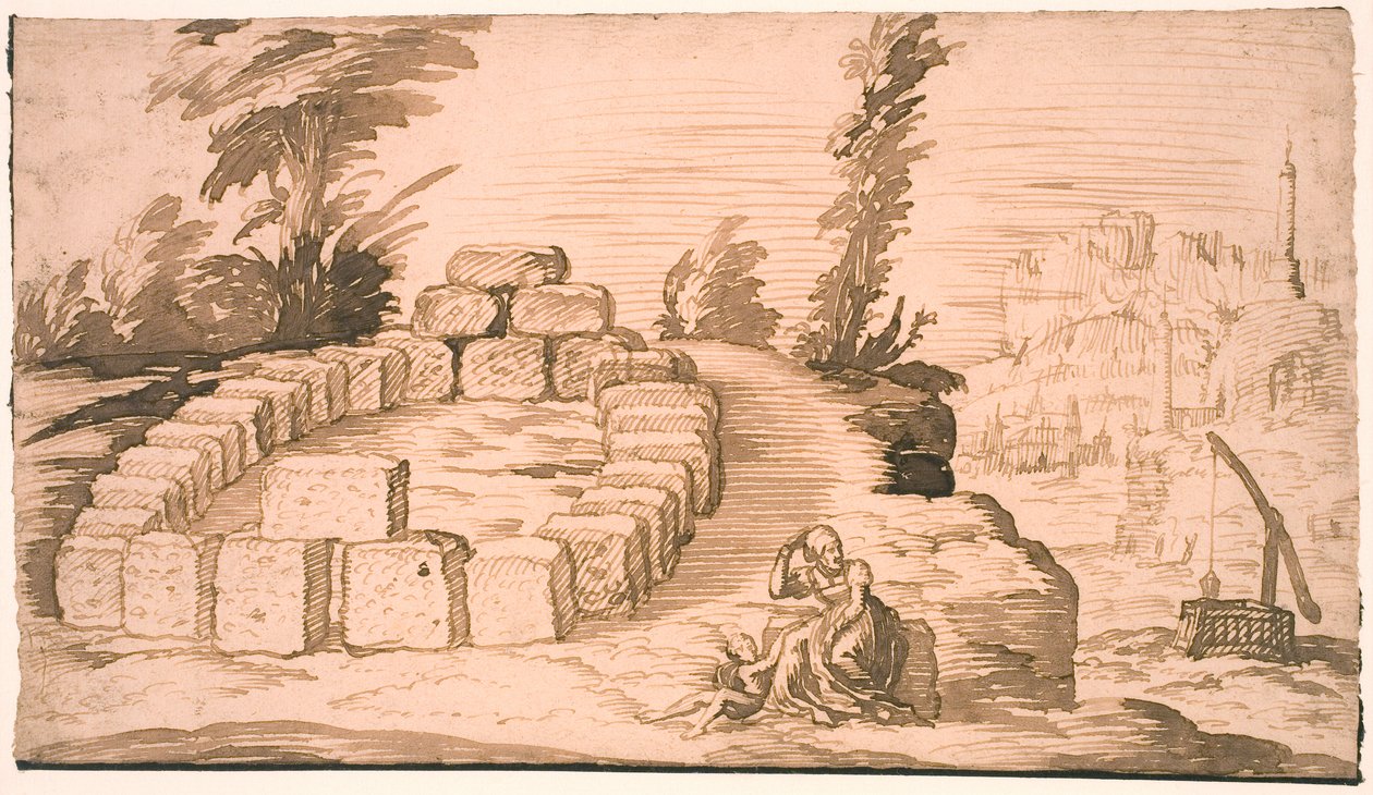 Landskab med en stencirkel og en gammel kvinde med et barn af Melchior Lorck