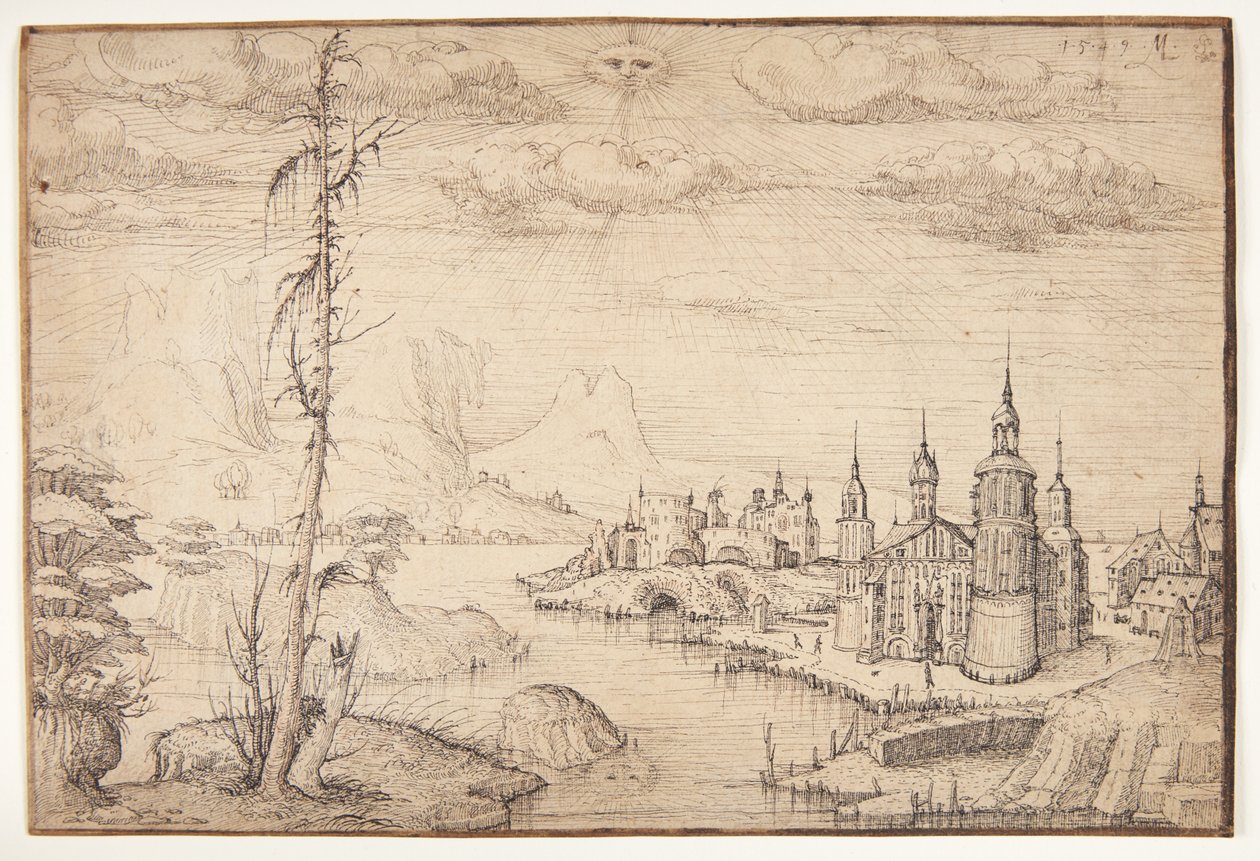 Landskab med en by af Melchior Lorck