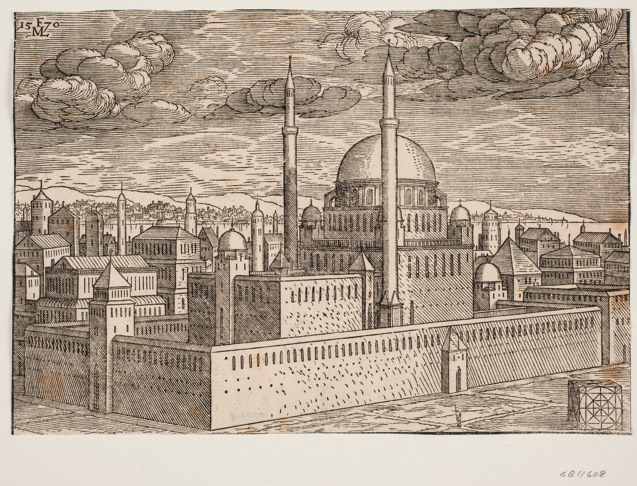 Moske, med to minareter, set fra nordvest; på den anden side af vandet kan Galata ses? I nederste højre hjørne er der en kubisk formet sten, hvorpå der er ætset en firkantet geometrisk figur, en figur, der formentlig viser af Melchior Lorck