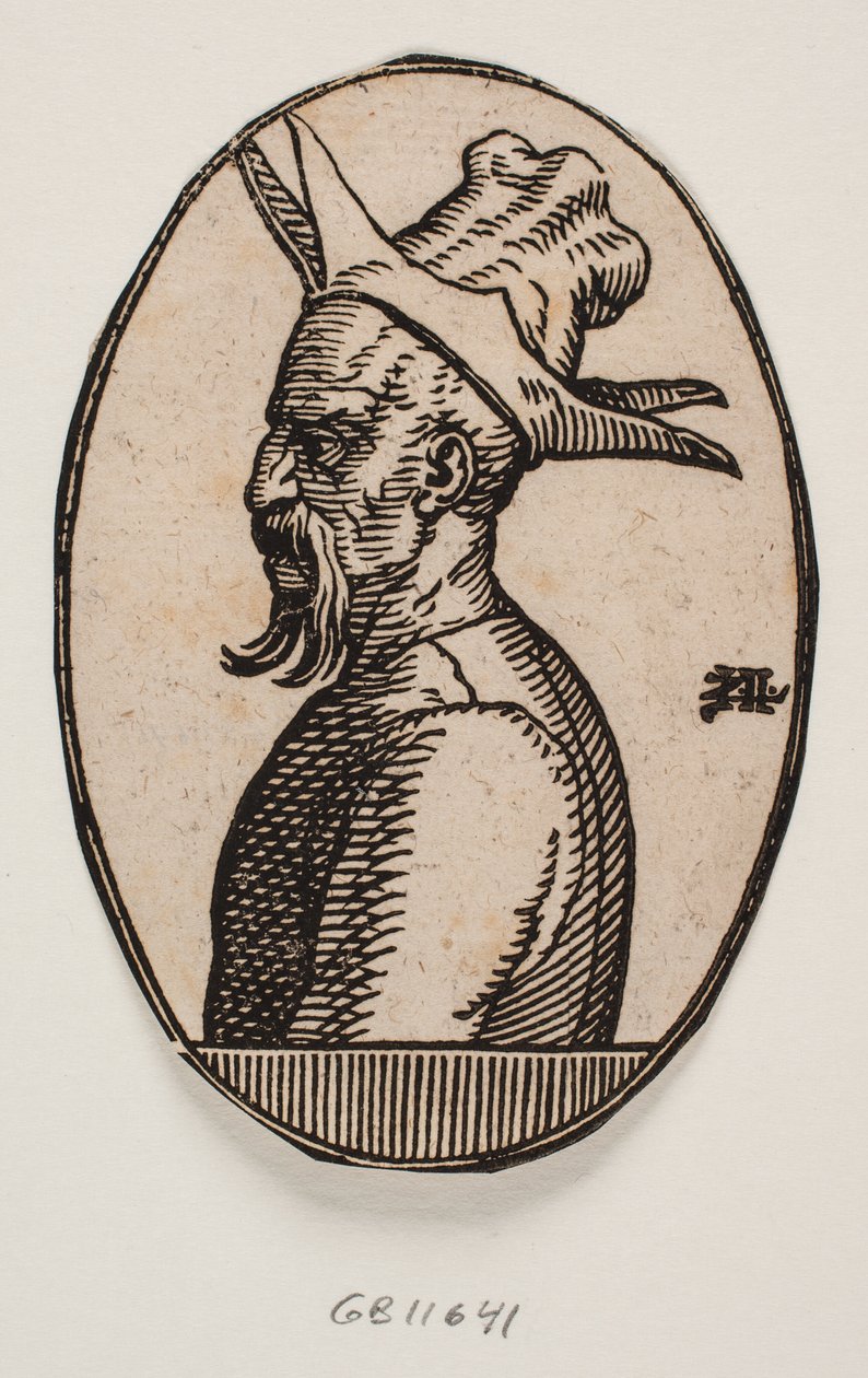 Oval medaljon med buste af en mand med et hængende overskæg og en hat med fire flapper; venstre side af mandens ansigt ses i profil af Melchior Lorck