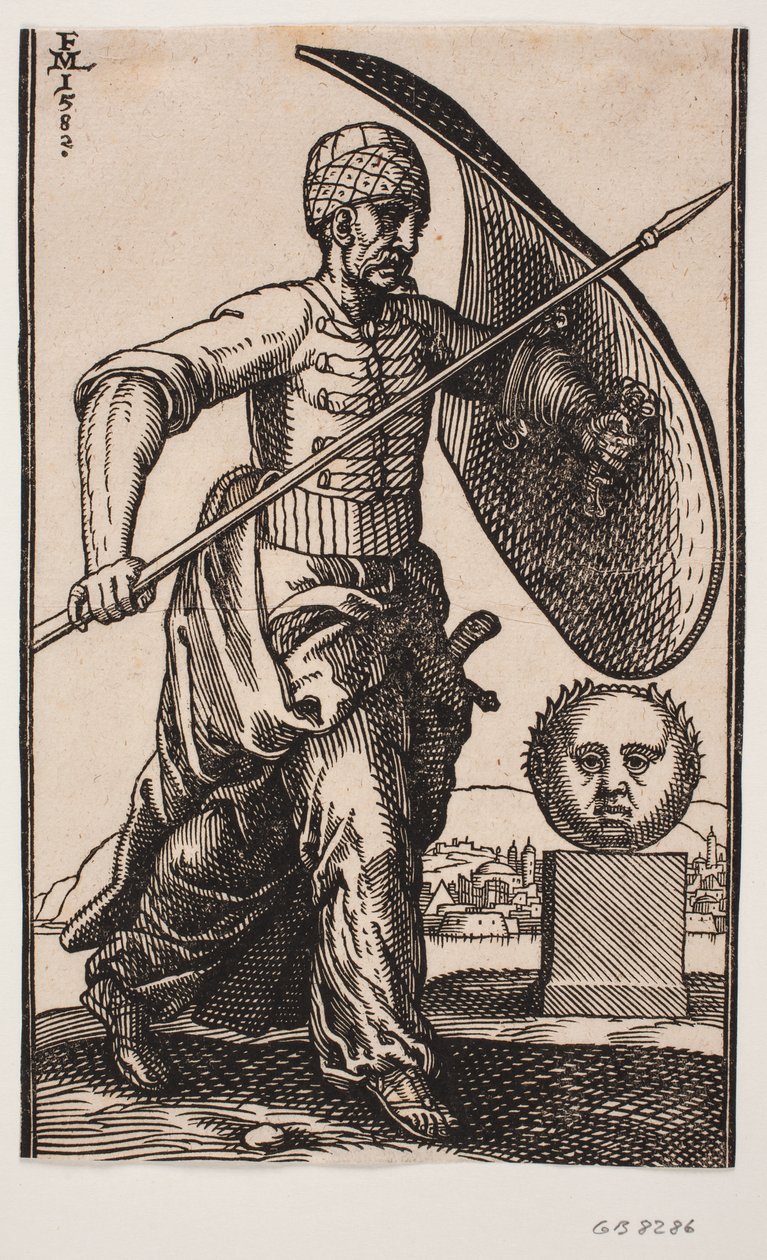 Soldat gående mod h.; på v. arm et krumt skjold, i h. hånd en lanse; t.h. en sokkel med et kuglerundt, frontalt set hoved; i det fjerne bag hovedet en by ved vandet af Melchior Lorck
