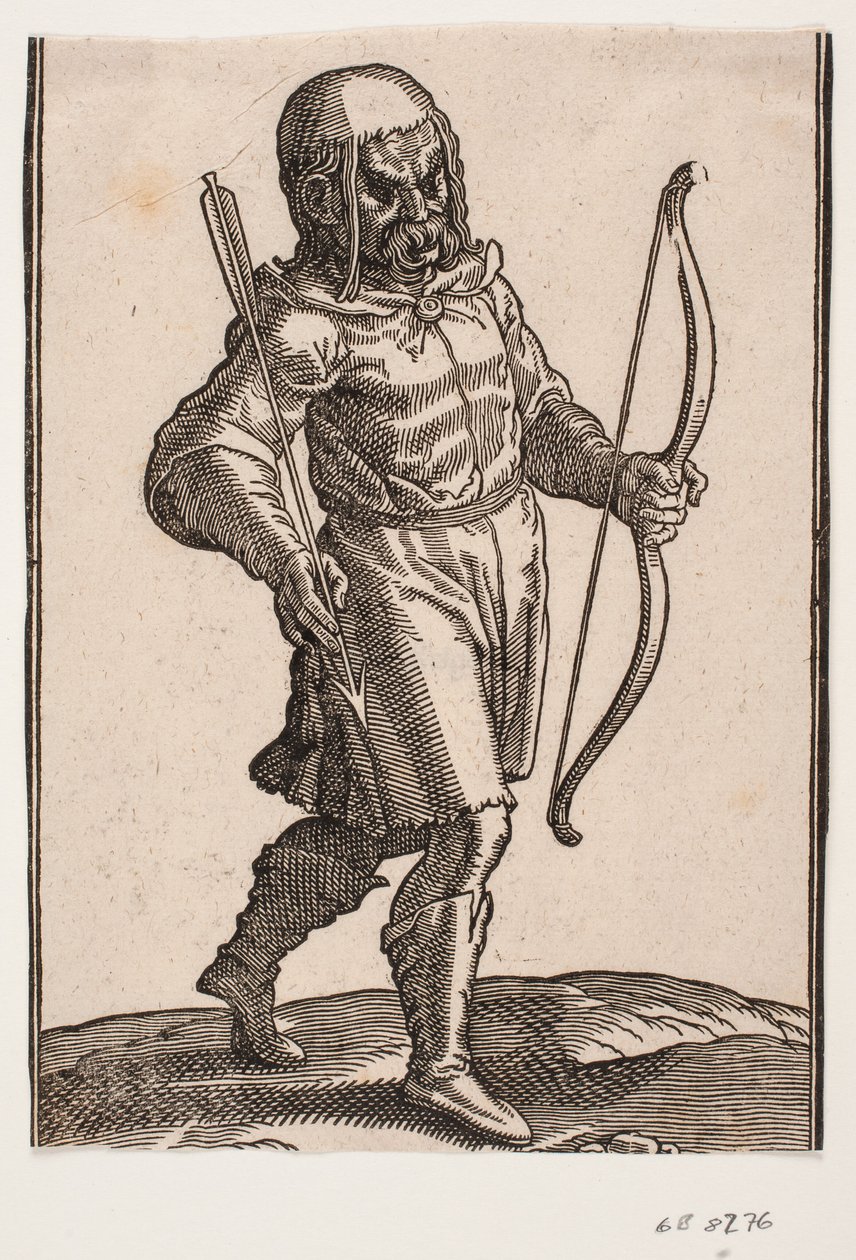 Soldat, gående mod h.; støvler og knækort dragt; i v. hånd en bue, i h. hånd en pil af Melchior Lorck